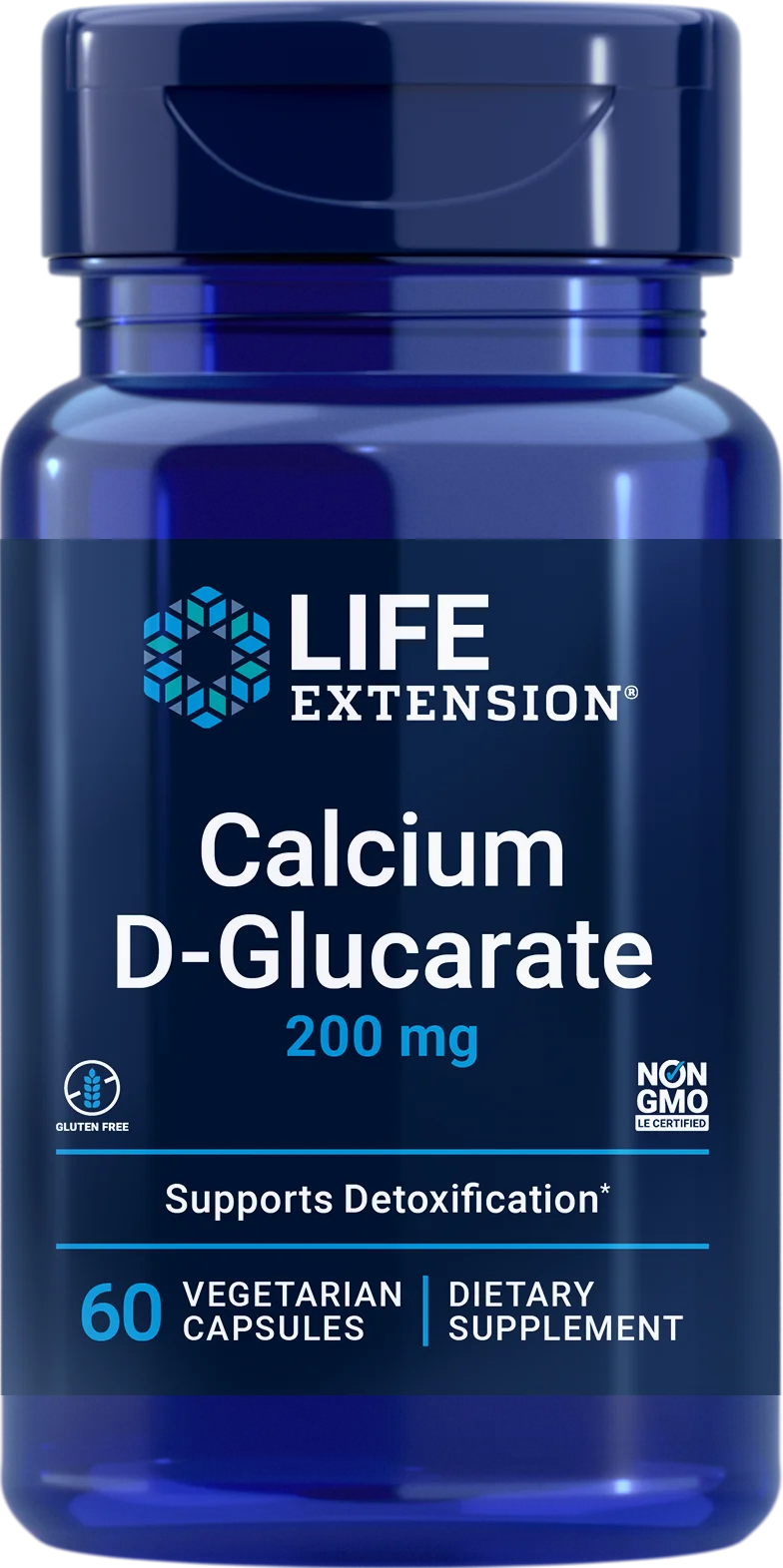 Life Extension Calcium D-Glucarate, sininen muovipullo kiiltäväpintainen, pyöreä muoto ja kierrekorkki; etusivun etiketti groteskityppografiaa valkoisin ja sinisin sävyin tummalla pohjalla; luettavassa etikettitekstissä: Life Extension Calcium D-Glucarate 200 mg, 60 kasvipohjaista kapselia; GMO-vapaa ravintolisä tukee detoksifikaatiota ja on gluteeniton; ei ihmisiä eikä toimintaa kuvassa, tausta yksinkertainen, tuote pystyssä keskellä kuvaa.