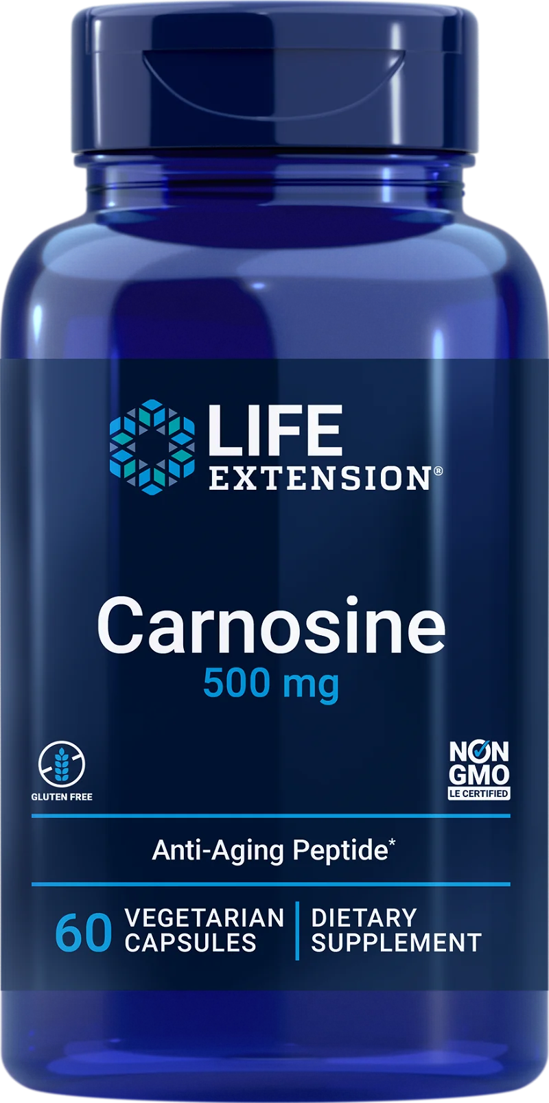 Life Extension Carnosine; sininen muovipullo tekstillä "Life Extension Carnosine 500 mg" ja 60 kasviskapselia, merkitty gluteenittomaksi ja ei-GMO:ksi, ravintolisä sisältää ikääntymistä hidastavaa peptidiä ja tukea pitkäikäisyydelle; etiketti sans-serif-fontein valkoisena ja sinisenä kiiltäväpinnalla; pullo lieriön muotoinen kierrekorkillinen; ei ihmisiä tai käsiä, tausta valkoinen.