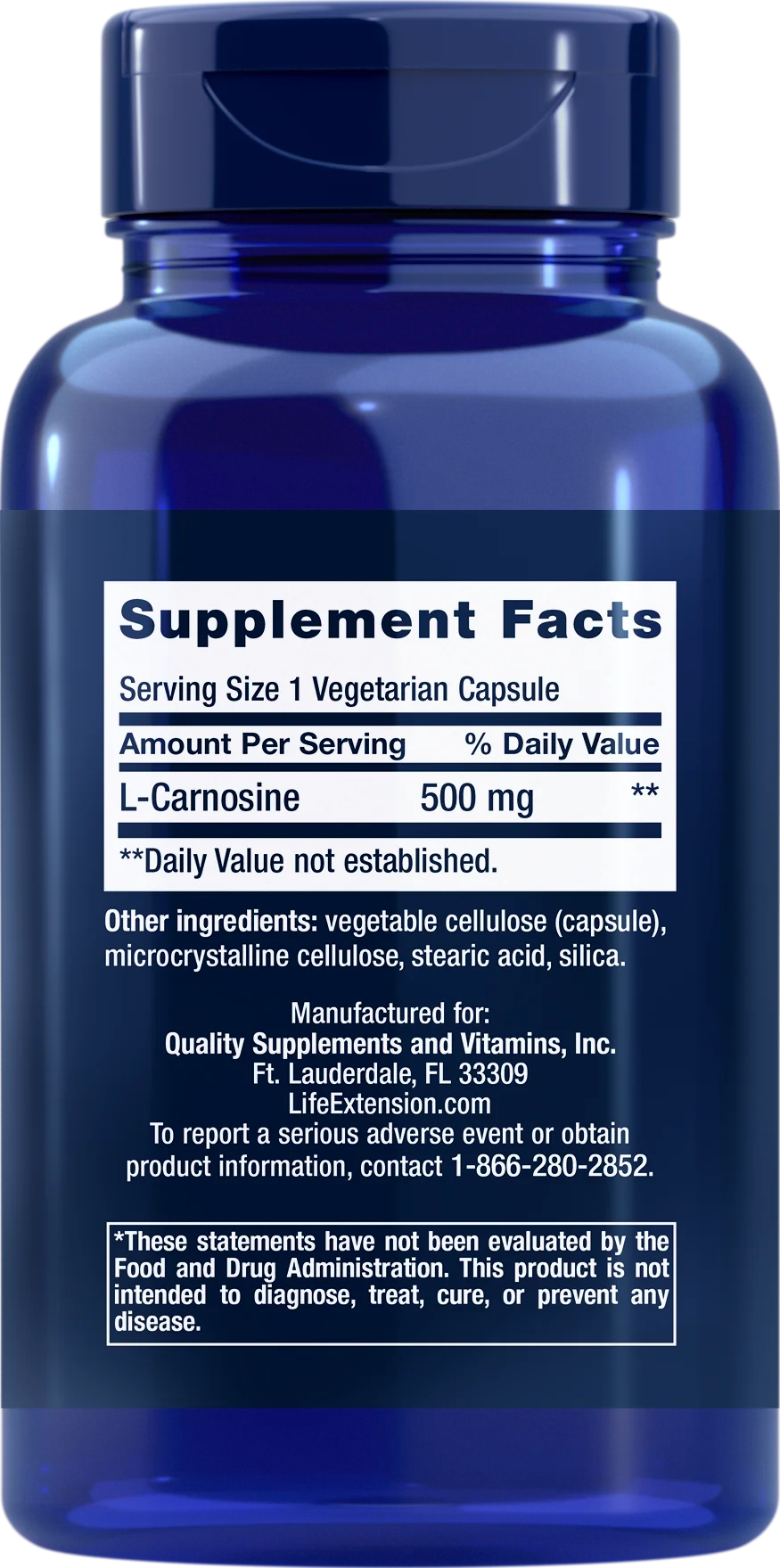 Life Extension Carnosine; sininen muovinen ravintolisäpullo kiiltäväpinnalla, lieriön muotoinen kierrekorkillinen; etusivun etiketissä ravintosisältötaulukko L-karnosiini 500 mg -kapseleille selkeällä lihavoidulla sans-serif-fontilla; mukana ainesosat, valmistajatiedot ja FDA-huomautus alareunassa; tausta valkoinen ilman näkyviä käsiä tai tarvikkeita.
