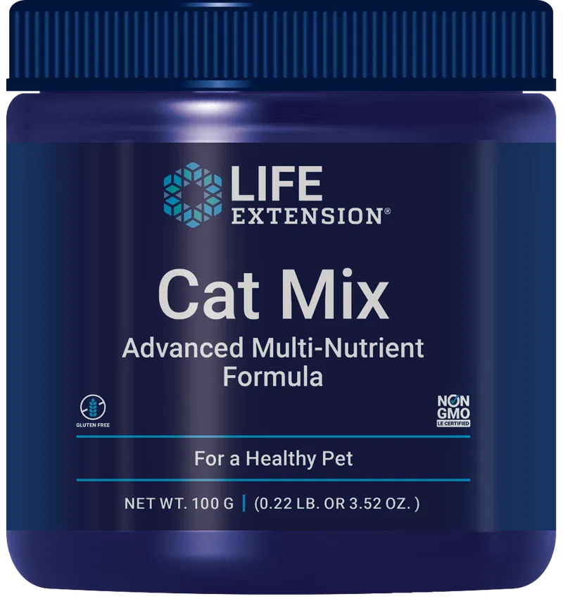 Life Extension Cat Mix; sininen sylinterinmuotoinen purkki mattapinnalla, muovinen kierrekorkki ja tuotetiedot valkoisella etiketillä; sinistä groteskitypografiaa etiketin pääosana; etiketissä kuvakkeita ja lihavoituja väittämiä gluteenittomuudesta, ei-GMO:sta sekä 100 g:n (3,52 oz) nettopainosta; ei ihmisiä tai käsiä näkyvissä, yksivärinen tausta, tuote kuvan keskellä; kyseessä on eläinten kehittynyt monivitamiinivalmiste.