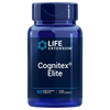 Sininen muovipullo mattapinnalla, lieriömäinen ja kierrekorkillinen. Valkoisessa etiketissä on lihavoitua sinistä ja mustaa tekstiä modernilla pääteviivattomalla fontilla: 'Life Extension Cognitex Elite', '60 kasvipohjaista tablettia' ja 'nootrooppinen ravintolisä'. Ihmisiä tai käsiä ei näy. Tausta on valkoinen. Tuote on kuvattu pystyssä edestäpäin.