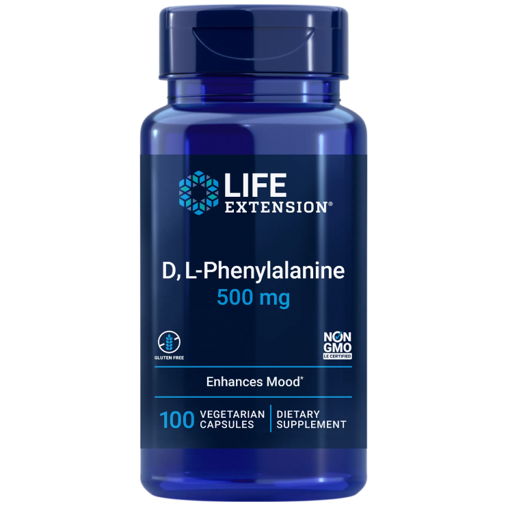 Life Extension D, L-Phenylalanine Capsules; sininen muovipullo lieriömäisellä muodolla ja kiiltäväpinnalla, tummansininen kansi; valkoisessa etiketissä groteskitekstiä: Life Extension D, L-Phenylalanine 500 mg, sisältää 100 kasvipohjaista kapselia, gluteeniton ja ei-geenimuunneltu, tukee positiivista mielialaa; tausta yksinkertainen ja tasaisesti valaistu, ei ihmisiä tai käsiä.