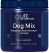 Life Extension Dog Mix; sininen muovipurkki sylinterinmuotoisena ja kiiltäväpintaisena, mukana gluteenittomuus- ja ei-GMO-symbolit sekä nettopaino 100 g (3,52 oz); etiketissä valko-turkoosia groteskitekstiä sinisellä pohjalla; tuote lepää valkoisella pinnalla, ei ihmisiä tai käsiä näkyvissä.