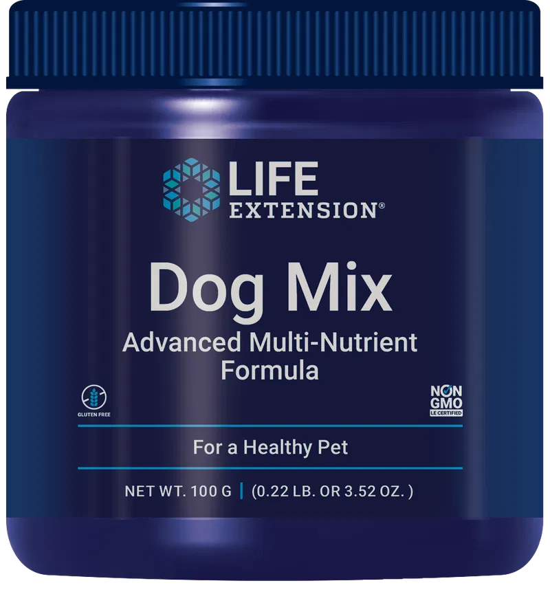 Life Extension Dog Mix; sininen muovipurkki sylinterinmuotoisena ja kiiltäväpintaisena, mukana gluteenittomuus- ja ei-GMO-symbolit sekä nettopaino 100 g (3,52 oz); etiketissä valko-turkoosia groteskitekstiä sinisellä pohjalla; tuote lepää valkoisella pinnalla, ei ihmisiä tai käsiä näkyvissä.