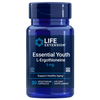 Life Extension Essential Youth L-Ergothioneine; sininen sylinterin muotoinen muovipullo kiiltopinnalla, tummalla kierrekorkilla; etiketissä lihavoitua valkoista ja kultaista groteskitekstiä sinistä taustaa vasten, tuotenimi ja tiedot: LIFE EXTENSION Essential Youth L-Ergothioneine 5 mg, 30 kasvipohjaista kapselia, tukee terveellistä ikääntymistä; ravintolisä on GMO-vapaa ja gluteeniton; ei käsiä tai ihmisiä; valkoinen tausta, studiokuva.