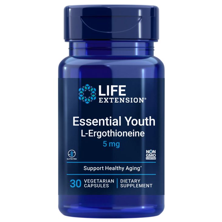 Life Extension Essential Youth L-Ergothioneine; sininen sylinterin muotoinen muovipullo kiiltopinnalla, tummalla kierrekorkilla; etiketissä lihavoitua valkoista ja kultaista groteskitekstiä sinistä taustaa vasten, tuotenimi ja tiedot: LIFE EXTENSION Essential Youth L-Ergothioneine 5 mg, 30 kasvipohjaista kapselia, tukee terveellistä ikääntymistä; ravintolisä on GMO-vapaa ja gluteeniton; ei käsiä tai ihmisiä; valkoinen tausta, studiokuva.