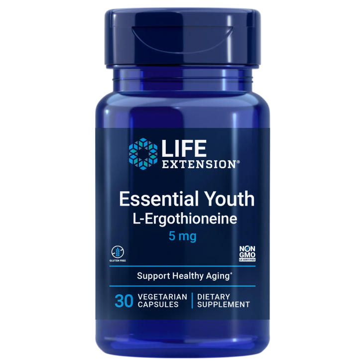 Life Extension Essential Youth L-Ergothioneine; sininen sylinterin muotoinen muovipullo kiiltopinnalla, tummalla kierrekorkilla; etiketissä lihavoitua valkoista ja kultaista groteskitekstiä sinistä taustaa vasten, tuotenimi ja tiedot: LIFE EXTENSION Essential Youth L-Ergothioneine 5 mg, 30 kasvipohjaista kapselia, tukee terveellistä ikääntymistä; ravintolisä on GMO-vapaa ja gluteeniton; ei käsiä tai ihmisiä; valkoinen tausta, studiokuva.