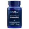 Life Extension Extend-Release Magnesium, sininen muovipullo mattapinnalla tekstillä "Life Extension Extend-Release Magnesium", sisältää 60 kasvipohjaista kapselia ja tarjoaa 6 tunnin pitkitetysti vapautuvan koostumuksen; etiketissä sekä sinistä että valkoista väriä, groteskityyppografiaa, mainitsee tuotteen gluteenittomaksi; ei ihmisiä eikä käsiä näkyvissä; tausta valkoinen.