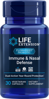 Life Extension FLORASSIST® Immune & Nasal Defense, sininen muovipullo kiiltäväpintainen ja kierrekorkillinen; etiketissä teksti "Life Extension Immune & Nasal Defense" selkeästi lihavoituna sekä tiedot 30 gluteenittomasta, GMO-vapaasta kasvipohjaisesta kapselista tavallisella typografialla; pullo pystyssä valkoista taustaa vasten, ei käsiä eikä ihmisiä näkyvissä; tuote tarjoaa kaksisuuntaista immuunisuojaa.
