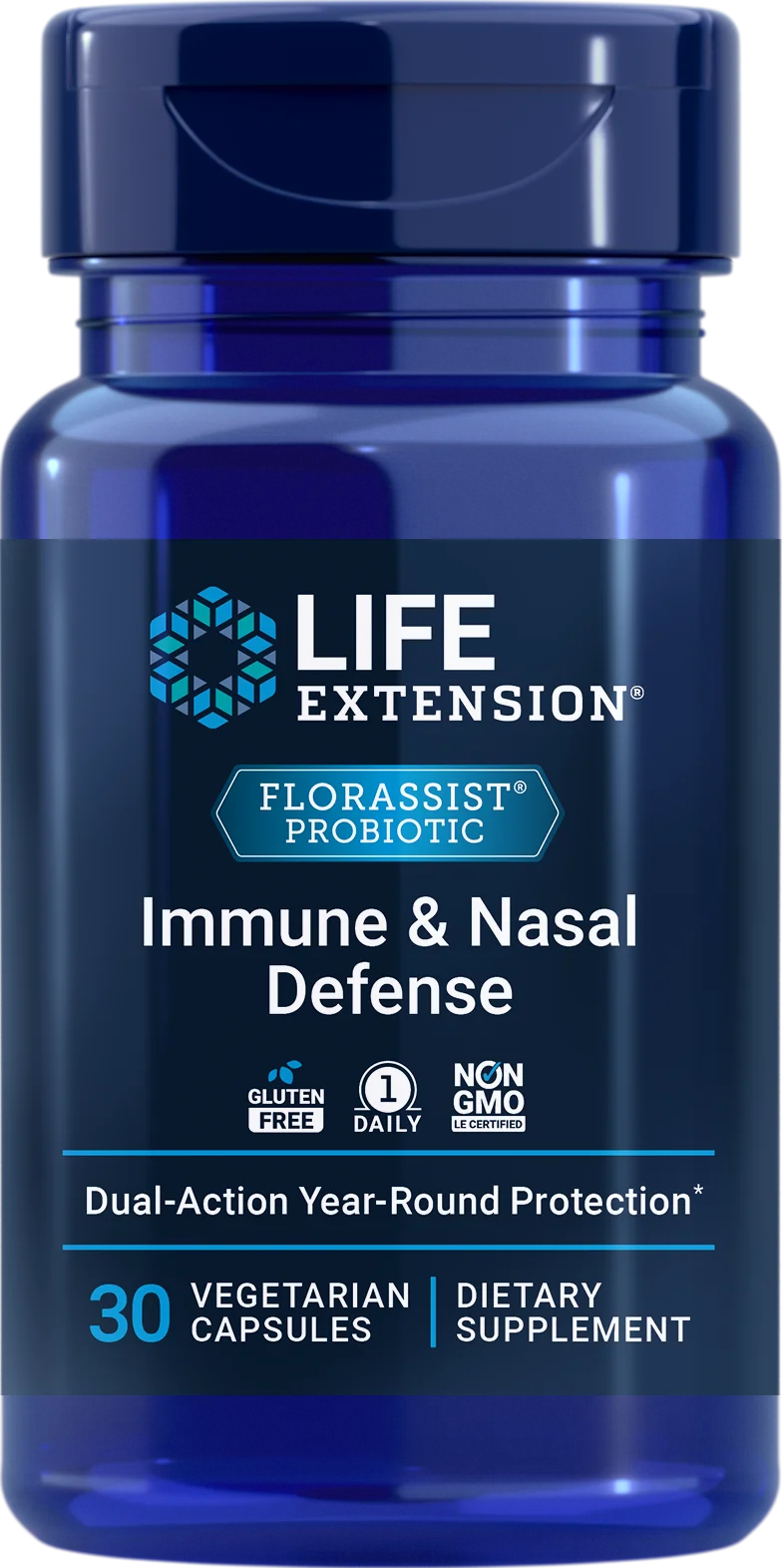 Life Extension FLORASSIST® Immune & Nasal Defense, sininen muovipullo kiiltäväpintainen ja kierrekorkillinen; etiketissä teksti "Life Extension Immune & Nasal Defense" selkeästi lihavoituna sekä tiedot 30 gluteenittomasta, GMO-vapaasta kasvipohjaisesta kapselista tavallisella typografialla; pullo pystyssä valkoista taustaa vasten, ei käsiä eikä ihmisiä näkyvissä; tuote tarjoaa kaksisuuntaista immuunisuojaa.