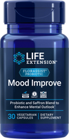 Life Extension FLORASSIST® Mood Improve, sininen pullo probioottiravintolisälle, sisältää 30 kasvipohjaista kapselia; sylinterimäinen muoviastia kiiltäväpinnalla ja kierrekannella; etiketti sinivalkoisin värein, groteskityppografia korostaa selkeästi gluteenittomuutta, GMO-vapautta sekä päivittäistä käyttöä mielialan ja tunnehyvinvoinnin tueksi; tuote eristettynä valkoisella taustalla lähikuvassa, ei ihmisiä eikä käsiä näkyvissä.