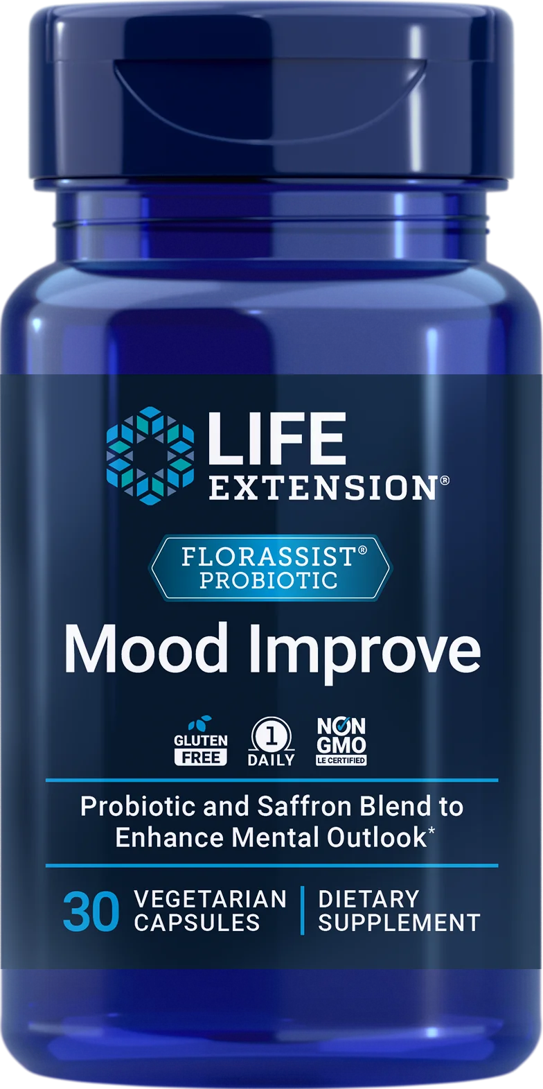 Life Extension FLORASSIST® Mood Improve, sininen pullo probioottiravintolisälle, sisältää 30 kasvipohjaista kapselia; sylinterimäinen muoviastia kiiltäväpinnalla ja kierrekannella; etiketti sinivalkoisin värein, groteskityppografia korostaa selkeästi gluteenittomuutta, GMO-vapautta sekä päivittäistä käyttöä mielialan ja tunnehyvinvoinnin tueksi; tuote eristettynä valkoisella taustalla lähikuvassa, ei ihmisiä eikä käsiä näkyvissä.
