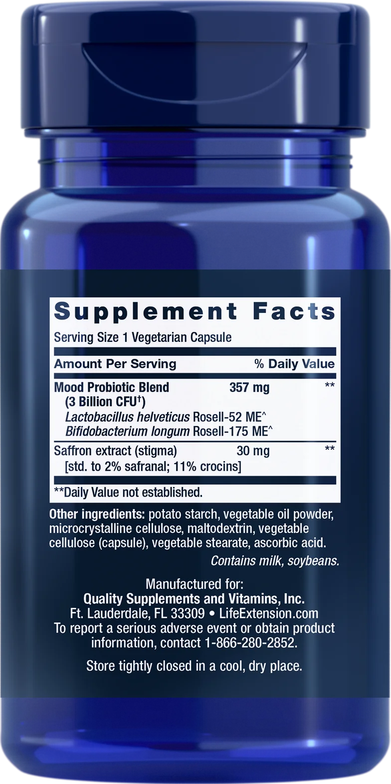 Life Extension FLORASSIST® Mood Improve; sininen ravintolisäpullo mattapinnalla, sylinterimäinen ja kierrekorkillinen, valkoinen "Supplement Facts" -etiketti etusivulla; luettavassa tekstissä Mood Probiotic Blend (357 mg), sahramiuute (30 mg) ja muut ainesosat; maitoa ja soijaa mainitaan sisältönä; annoskoko 1 kasvipohjainen kapseli; pullo kuvattu yksinkertaista taustaa vasten, ei ihmisiä näkyvissä.