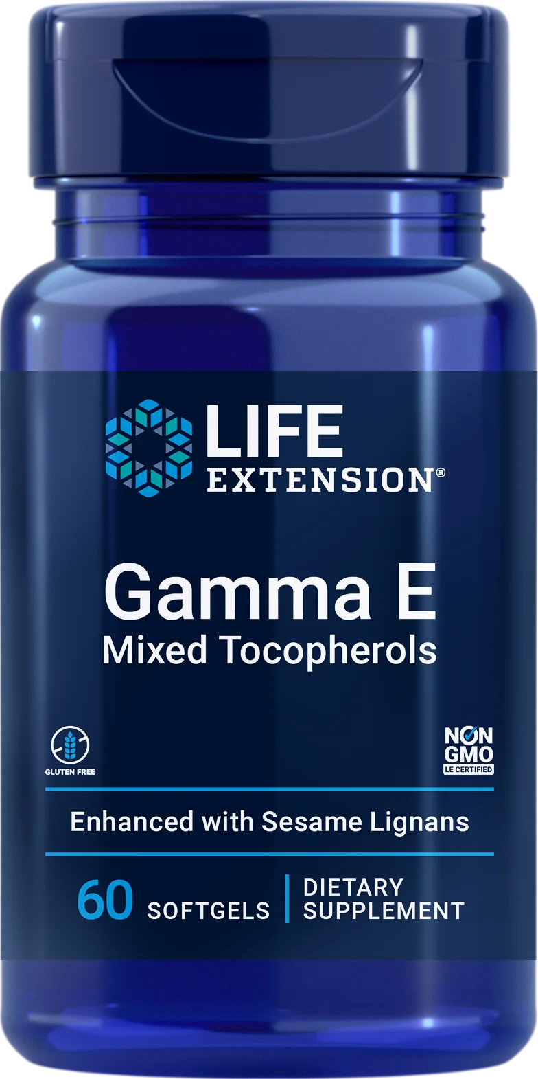Life Extension Gamma E Mixed Tocopherols with Sesame Lignans, sininen muovipullo kiiltäväpintainen, sylinterimäinen ja kierrekorkillinen; etiketti groteskitekstillä "LIFE EXTENSION Gamma E Mixed Tocopherols 60 softgels"; gluteenittomuus- ja GMO-vapauskuvakkeet näkyvissä; lisäksi pientä painatusta seesaminlignaanin tehostavasta vaikutuksesta; tausta valkoinen, tuote kuvattu suoraan edestä, ei ihmisiä eikä käsiä näkyvissä.