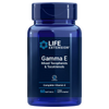 Life Extension Gamma E with Tocopherols & Tocotrienols, sininen muovipullo mattapinnalla, sylinterimäinen ja kierrekorkillinen; etiketissä valkoisia ja sinisiä osioita, groteskityppografiaa eri painoin, näyttää tekstin "Life Extension Gamma E Mixed Tocopherols & Tocotrienols" sekä "60 softgels", gluteenittomuusmerkinnän ja E-vitamiini-/tokotrienoliväittämät; tausta valkoinen, ei ihmisiä eikä käsiä näkyvissä.