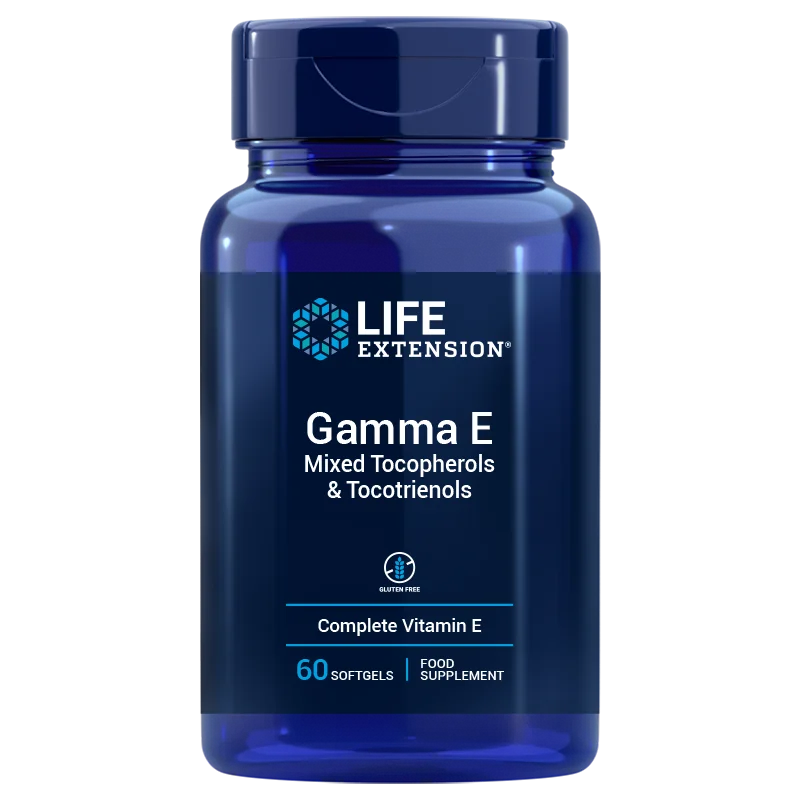 Life Extension Gamma E with Tocopherols & Tocotrienols, sininen muovipullo mattapinnalla, sylinterimäinen ja kierrekorkillinen; etiketissä valkoisia ja sinisiä osioita, groteskityppografiaa eri painoin, näyttää tekstin "Life Extension Gamma E Mixed Tocopherols & Tocotrienols" sekä "60 softgels", gluteenittomuusmerkinnän ja E-vitamiini-/tokotrienoliväittämät; tausta valkoinen, ei ihmisiä eikä käsiä näkyvissä.
