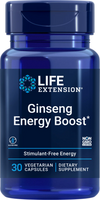 Life Extension Ginseng Energy Boost, sininen muovipullo kiiltäväpintainen, sylinterimäinen ja kierrekorkillinen; tuote on Life Extension Ginseng Energy Boost -ravintolisä; etiketissä valkoista ja keltaista tekstiä selkeällä groteskifontilla; luettavassa etiketissä: stimulanttivapaa energia, 30 kasvipohjaista kapselia, gluteeniton, GMO-vapaa, ginsenguute; tausta neutraali, ei ihmisiä eikä käsiä näkyvissä.