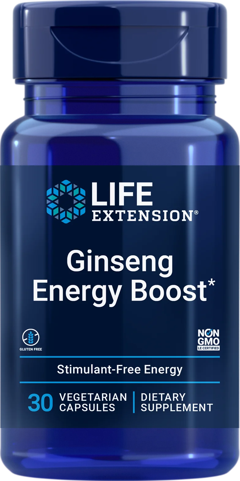 Life Extension Ginseng Energy Boost, sininen muovipullo kiiltäväpintainen, sylinterimäinen ja kierrekorkillinen; tuote on Life Extension Ginseng Energy Boost -ravintolisä; etiketissä valkoista ja keltaista tekstiä selkeällä groteskifontilla; luettavassa etiketissä: stimulanttivapaa energia, 30 kasvipohjaista kapselia, gluteeniton, GMO-vapaa, ginsenguute; tausta neutraali, ei ihmisiä eikä käsiä näkyvissä.