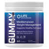 A container of Life Extension Gummy Science Mediterranean Weight Management gummies, berry flavor, labeled to support healthy fat loss and weight management. The jar holds 60 dietary supplement gummies. The cylindrical plastic jar is white with a blue screw-top lid and a glossy finish. Label text uses clear sans-serif fonts in blue and purple, with additional text regarding weight management visible on the front. White background, product centered, no people or hands present.