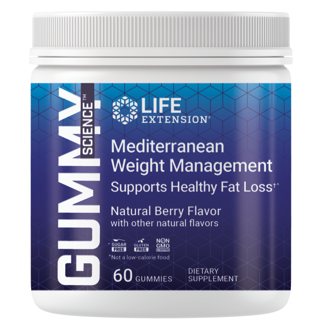A container of Life Extension Gummy Science Mediterranean Weight Management gummies, berry flavor, labeled to support healthy fat loss and weight management. The jar holds 60 dietary supplement gummies. The cylindrical plastic jar is white with a blue screw-top lid and a glossy finish. Label text uses clear sans-serif fonts in blue and purple, with additional text regarding weight management visible on the front. White background, product centered, no people or hands present.