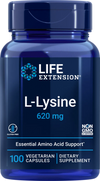 Life Extension L-Lysine; sininen muovipullo mattapinnalla, sisältää kapseleita, valkoinen kierrekorkki; etiketissä lukee lihavoidulla groteskitekstillä "Life Extension L-Lysine 620 mg" sekä "100 vegetarian capsules", mukana ei-GMO- ja gluteenitonmerkinnät; tuote kuvattu valkoisella taustalla studioympäristössä; ravintolisä tukee tarpeellisen aminohapon saantia.