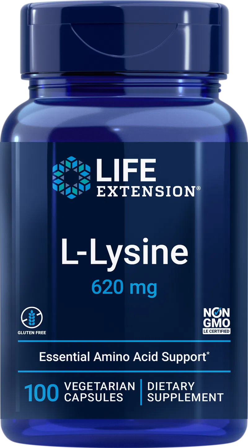 Life Extension L-Lysine; sininen muovipullo mattapinnalla, sisältää kapseleita, valkoinen kierrekorkki; etiketissä lukee lihavoidulla groteskitekstillä "Life Extension L-Lysine 620 mg" sekä "100 vegetarian capsules", mukana ei-GMO- ja gluteenitonmerkinnät; tuote kuvattu valkoisella taustalla studioympäristössä; ravintolisä tukee tarpeellisen aminohapon saantia.