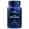 Life Extension Mega EPA/DHA; sininen muovipullo kiiltäväpinnalla, lieriön muotoinen kierrekorkillinen; etusivun etiketissä pääosin valkoista ja kultaista sans-serif-tekstiä; pakkaus ilmoittaa 120 pehmeäkapselia, gluteenitonta ja "Food Supplement"; ei ihmisiä tai käsiä; tausta tasaisesti valaistu ja neutraali.