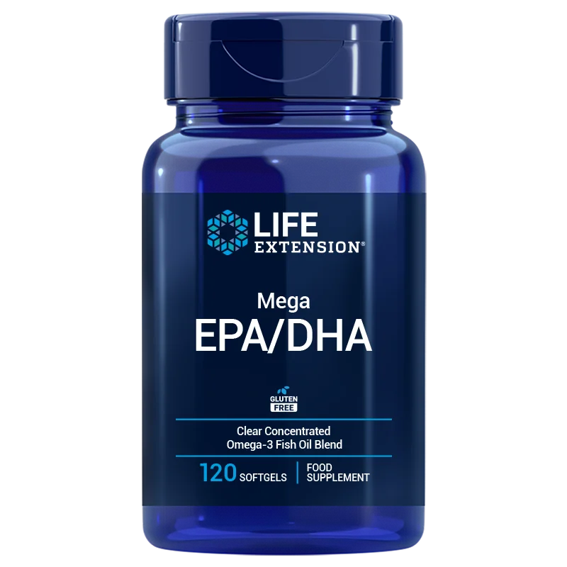 Life Extension Mega EPA/DHA; sininen muovipullo kiiltäväpinnalla, lieriön muotoinen kierrekorkillinen; etusivun etiketissä pääosin valkoista ja kultaista sans-serif-tekstiä; pakkaus ilmoittaa 120 pehmeäkapselia, gluteenitonta ja "Food Supplement"; ei ihmisiä tai käsiä; tausta tasaisesti valaistu ja neutraali.