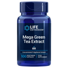 Life Extension Mega Green Tea Extract; sininen sylinterinmuotoinen muovipullo kiiltäväpinnalla, sisältää 100 kasviskapselia tiivistettyä polyfenoliuutetta voimakkain antioksidantein; etiketissä gluteenittomuus- ja ravintolisätietoa groteskitekstillä; pullossa kierrekorkki, kuvattu yksivärisellä taustalla keskitettynä.