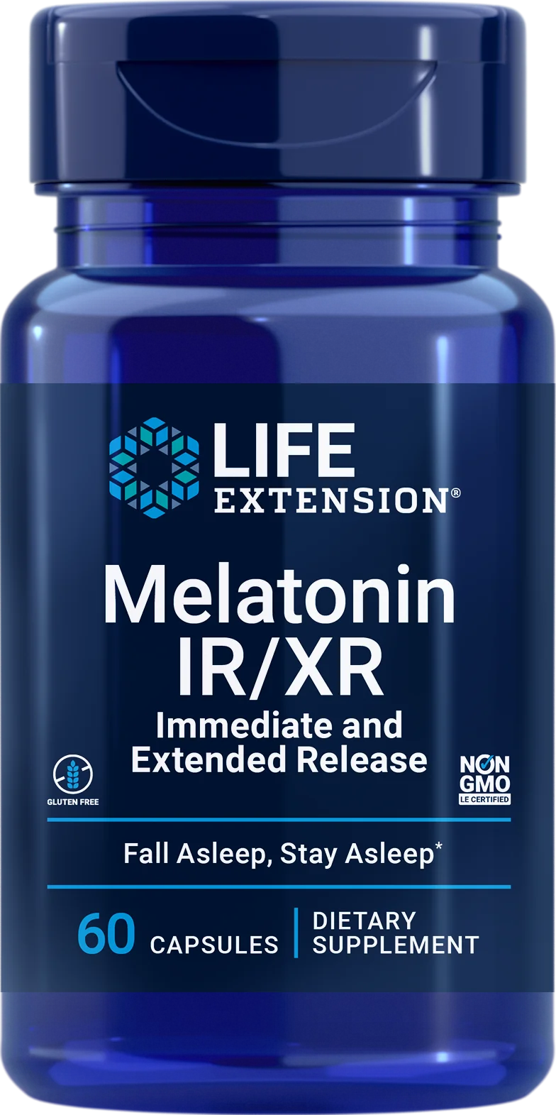 Life Extension Melatonin IR/XR; sininen muovipullo tekstillä "Life Extension Melatonin IR/XR, Immediate and Extended Release, 60 Capsules, Dietary Supplement"; etiketti valkoisella pohjalla sinistä ja kultaista tekstiä selkeällä groteskifontilla; teksti "Fall Asleep, Stay Asleep", kuvakkeet gluteenittomuudesta ja ei-GMO:sta; tukee levollista unta välittömästi ja pitkäkestoisesti vapautuvalla melatoniinilla; pullo pystyssä neutraalia taustaa vasten, ei ihmisiä tai käsiä.