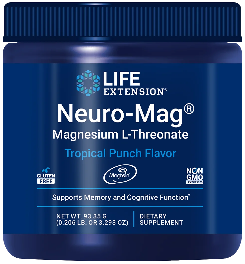 A blue plastic container with a screw-on lid, matte finish, cylindrical shape, and printed wraparound label. Large white and blue sans-serif text features the brand name and product details; smaller orange text notes the flavor. Container is labeled LIFE EXTENSION Neuro-Mag Magnesium L-Threonate, Tropical Punch Flavor, featuring a gluten-free and non-GMO formula. This supplement supports memory and cognitive function with the benefits of magnesium L-threonate. Net weight 93.35g. The background is plain