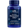 Life Extension Optimized Resveratrol Elite; sininen muovipullo ruuvikorkilla sisältää 60 kasviskapselia; etiketissä lukee "Life Extension Optimized Resveratrol Elite", mainiten korkean biosaatavuuden resveratrolin ja kversetiinin sekä pienet gluteenittomuus- ja muuntogeenittömyyskuvakkeet; etiketti valkoista ja sinistä groteskitekstiä; pelkistetty tausta, ei ihmisiä tai käsiä kuvassa.