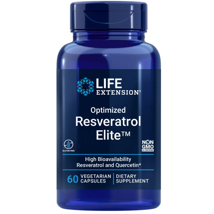 Life Extension Optimized Resveratrol Elite; sininen muovipullo ruuvikorkilla sisältää 60 kasviskapselia; etiketissä lukee "Life Extension Optimized Resveratrol Elite", mainiten korkean biosaatavuuden resveratrolin ja kversetiinin sekä pienet gluteenittomuus- ja muuntogeenittömyyskuvakkeet; etiketti valkoista ja sinistä groteskitekstiä; pelkistetty tausta, ei ihmisiä tai käsiä kuvassa.