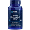 Life Extension Optimized Resveratrol Elite; sininen muovipullo ruuvikorkilla sisältää 60 kasviskapselia; etiketissä lukee "Life Extension Optimized Resveratrol Elite", mainiten korkean biosaatavuuden resveratrolin ja kversetiinin sekä pienet gluteenittomuus- ja muuntogeenittömyyskuvakkeet; etiketti valkoista ja sinistä groteskitekstiä; pelkistetty tausta, ei ihmisiä tai käsiä kuvassa.