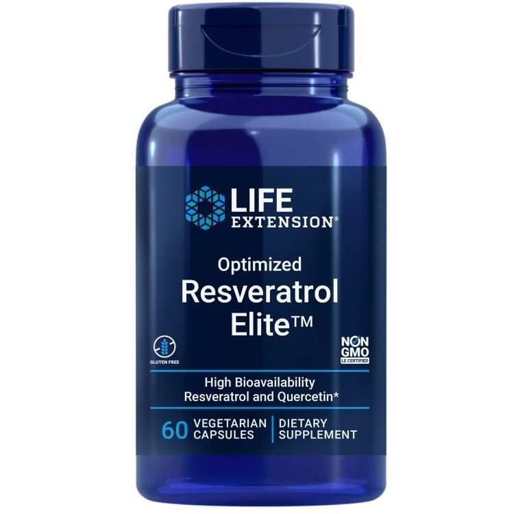 Life Extension Optimized Resveratrol Elite; sininen muovipullo ruuvikorkilla sisältää 60 kasviskapselia; etiketissä lukee "Life Extension Optimized Resveratrol Elite", mainiten korkean biosaatavuuden resveratrolin ja kversetiinin sekä pienet gluteenittomuus- ja muuntogeenittömyyskuvakkeet; etiketti valkoista ja sinistä groteskitekstiä; pelkistetty tausta, ei ihmisiä tai käsiä kuvassa.