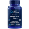 Sininen muovipullo kiiltäväpinnalla, lieriömäinen muoto ja kierrekorkki. Etuetiketissä on valkoinen, sininen ja kultainen väri pääteviivattomalla tekstillä. Etiketissä lukee: Life Extension Optimized Resveratrol Elite, 60 kasvipohjaista kapselia, ravintolisä, gluteeniton, ei-GMO, sisältäen hyvin imeytyvää resveratrolia ja kversetiinia. Pullo on kuvattu pelkistetyllä valkoisella taustalla. Ihmisiä tai käsiä ei näy kuvassa.