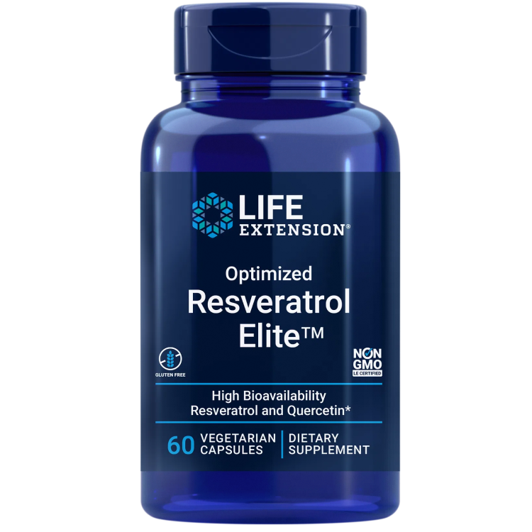Sininen muovipullo kiiltäväpinnalla, lieriömäinen muoto ja kierrekorkki. Etuetiketissä on valkoinen, sininen ja kultainen väri pääteviivattomalla tekstillä. Etiketissä lukee: Life Extension Optimized Resveratrol Elite, 60 kasvipohjaista kapselia, ravintolisä, gluteeniton, ei-GMO, sisältäen hyvin imeytyvää resveratrolia ja kversetiinia. Pullo on kuvattu pelkistetyllä valkoisella taustalla. Ihmisiä tai käsiä ei näy kuvassa.