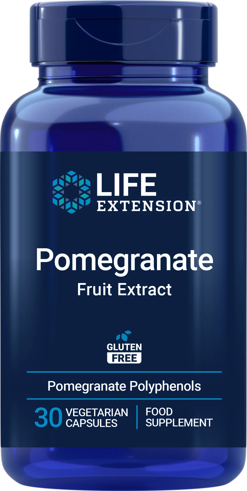 Life Extension Pomegranate Fruit Extract, sininen pullo tekstillä "Life Extension Pomegranate Fruit Extract", ilmoittaa gluteenittomuuden, granaattiomenapolyfenolit ja 30 kasvipohjaista kapselia, etusivulla "food supplement"; pullo sylinterimäinen mattapinnalla ja sininen korkki; etiketissä lihavoitua groteskifonttia eri värein; tuote pystyssä valkoista taustaa vasten ilman ihmisiä tai rekvisiittaa; keskisuuri lähikuva.