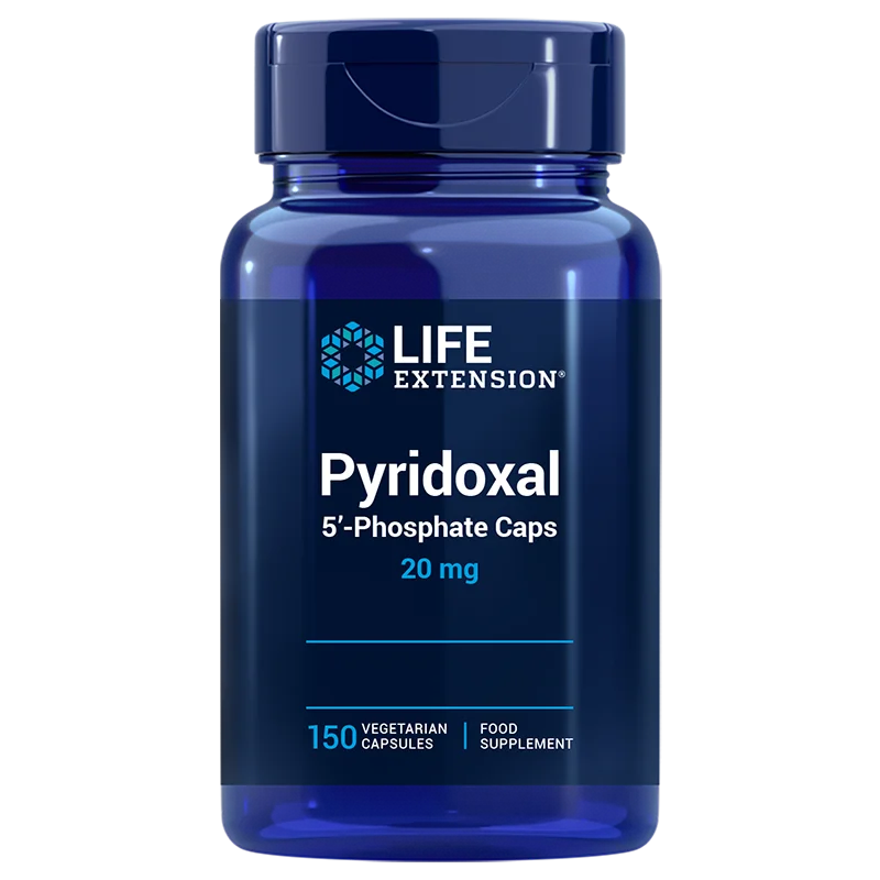 Life Extension Pyridoxal 5-Phosphate Caps 20 mg, sininen sylinterimäinen muovipullo kiiltäväpintaisella ja sitä vastaavalla kierrekorkilla; etusivun etiketissä valkoista ja vaaleansinistä tekstiä lihavoidulla groteskifontilla: tuotenimi ja maininta 150 kasvipohjaisesta kapselista hyvinvoinnin tueksi; tuote kuvattu keskitetysti valkoista taustaa vasten, ei ihmisiä eikä käsiä näkyvissä.