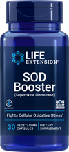 Life Extension SOD Booster; sininen muovipullo kiiltäväpinnalla, sylinterinmuoto, kierrekorkki ja selkeä painettu etiketti; etiketissä groteskikirjasinta valkoisella ja sinisellä tummansinisellä pohjalla; sisältää 30 kasviskapselia superoksididismutaasia tukevaa ravintolisää, ei-GMO ja gluteeniton; tuote kuvattu yksin valkoisella taustalla ilman ihmisiä tai muita esineitä.