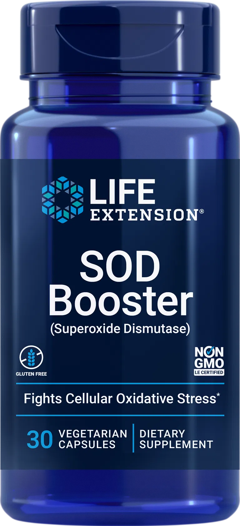 Life Extension SOD Booster; sininen muovipullo kiiltäväpinnalla, sylinterinmuoto, kierrekorkki ja selkeä painettu etiketti; etiketissä groteskikirjasinta valkoisella ja sinisellä tummansinisellä pohjalla; sisältää 30 kasviskapselia superoksididismutaasia tukevaa ravintolisää, ei-GMO ja gluteeniton; tuote kuvattu yksin valkoisella taustalla ilman ihmisiä tai muita esineitä.