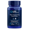 Life Extension Skin Supporting Ceramides; sininen muovipullo kiiltäväpinnalla, sylinterinmuoto ja rihlattu kierrekorkki; valkoisessa etiketissä tummansinistä ja vaaleansinistä groteskitekstiä, osa lihavoitua; pullo seisoo pystyssä valkoisella taustalla; ei ihmisiä tai käsiä näkyvissä; sisältää 30 nestemäistä kasviskapselia, tekstissä korostetaan kosteutusta, ryppyjen tasoitusta, gluteenittomuutta ja päivittäistä käyttöä.