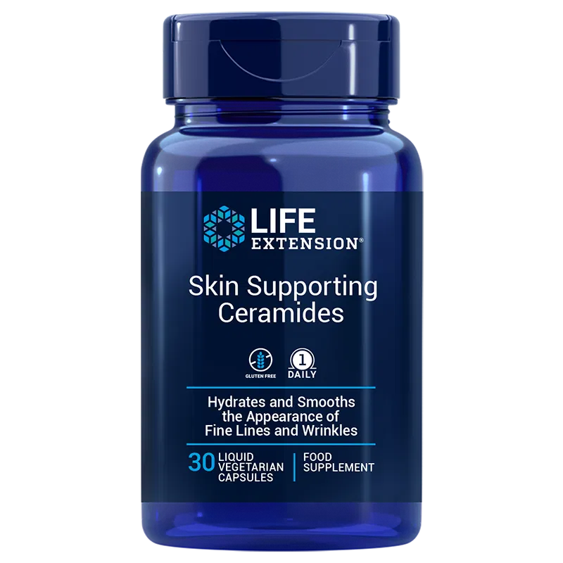 Life Extension Skin Supporting Ceramides; sininen muovipullo kiiltäväpinnalla, sylinterinmuoto ja rihlattu kierrekorkki; valkoisessa etiketissä tummansinistä ja vaaleansinistä groteskitekstiä, osa lihavoitua; pullo seisoo pystyssä valkoisella taustalla; ei ihmisiä tai käsiä näkyvissä; sisältää 30 nestemäistä kasviskapselia, tekstissä korostetaan kosteutusta, ryppyjen tasoitusta, gluteenittomuutta ja päivittäistä käyttöä.