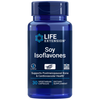 Life Extension Soy Isoflavones; sininen pullo tekstillä Life Extension Soy Isoflavones, sisältää 30 kasvipohjaista kapselia; lieriömäinen pullo kiiltäväpinnalla ja kierrekannella; etiketti pääosin sininen ja valkoinen lihavoidulla groteskityypografialla; etuteksti mainitsee gluteenittomuuden, ei-geenimuuntelun ja soija-isoflavonit luiden ja sydän- ja verisuoniterveyden tueksi; tausta yksinkertainen, ei ihmisiä näkyvissä.