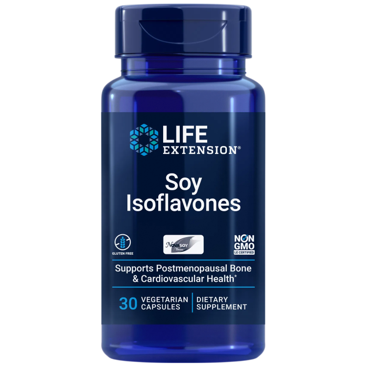 Life Extension Soy Isoflavones; sininen pullo tekstillä Life Extension Soy Isoflavones, sisältää 30 kasvipohjaista kapselia; lieriömäinen pullo kiiltäväpinnalla ja kierrekannella; etiketti pääosin sininen ja valkoinen lihavoidulla groteskityypografialla; etuteksti mainitsee gluteenittomuuden, ei-geenimuuntelun ja soija-isoflavonit luiden ja sydän- ja verisuoniterveyden tueksi; tausta yksinkertainen, ei ihmisiä näkyvissä.