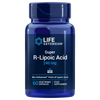 Life Extension Super R-Lipoic Acid 240 mg, sininen muovipullo kiiltäväpintainen ja sylinterimäinen, etiketissä painettu teksti "Life Extension Super R-Lipoic Acid 240 mg 60 gluten-free vegetarian capsules"; typografia lihavoitua groteski- ja antiikvafonttia valkoisin ja sinisin sävyin vaaleaa pohjaa vasten; pullo kierrekorkillinen; ei ihmisiä eikä käsiä näkyvissä, kuva otettu valkoista taustaa vasten.