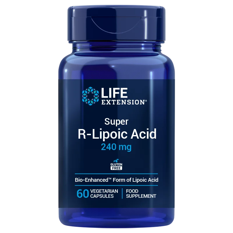Life Extension Super R-Lipoic Acid 240 mg, sininen muovipullo kiiltäväpintainen ja sylinterimäinen, etiketissä painettu teksti "Life Extension Super R-Lipoic Acid 240 mg 60 gluten-free vegetarian capsules"; typografia lihavoitua groteski- ja antiikvafonttia valkoisin ja sinisin sävyin vaaleaa pohjaa vasten; pullo kierrekorkillinen; ei ihmisiä eikä käsiä näkyvissä, kuva otettu valkoista taustaa vasten.