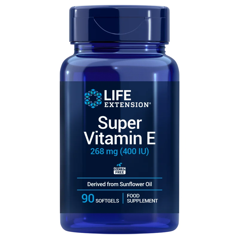 Life Extension Super Vitamin E 268 mg, sininen pullo (268 mg / 400 IU), 90 gluteenitonta pehmeäkapselia auringonkukkaöljystä valmistettuna ravintolisänä; pullo sylinterimäinen, pinta mattaa ja korkki samaa sinistä sävyä; etiketissä groteskitekstiä tummansinisin ja valkoisin sävyin valkoisella pohjalla; tuote kuvattu yksinkertaista taustaa vasten, ei ihmisiä eikä muita esineitä näkyvissä.