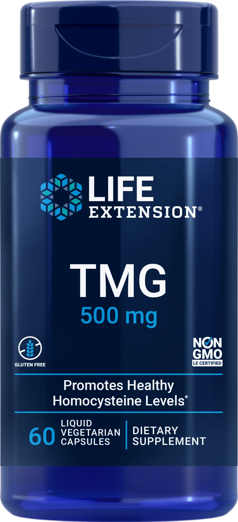 Life Extension TMG; sininen pullo tekstillä "Life Extension TMG 500 mg"; sisältää 60 nestemäistä kasviskapselia, gluteeniton, ei-GMO ja tukee sydän- ja verisuoniterveyttä edistämällä tervettä homokysteiinitasoa; muovipakkaus kierrekorkilla, lieriön muotoinen ja kiiltäväpintainen; etiketti valkoinen ja sininen selkein lohkokirjaimin; neutraali tausta ilman ihmisiä tai tarvikkeita, studiokuva.