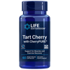 Life Extension Tart Cherry with CherryPURE®; sininen pullo Life Extension Tart Cherry with CherryPURE -ravintolisää, sisältää 60 kasvipohjaista kapselia; lieriömäinen muovipullo kiiltäväpinnalla ja vastaava sininen kierrekansi; etuetiketissä valkoista ja punaista groteskitypografiaa tummalla pohjalla; etiketti korostaa hapankirsikan tukea lihaksille ja liikunnasta palautumiselle; kuvattu vaaleaa taustaa vasten ilman ihmisiä tai käsiä.